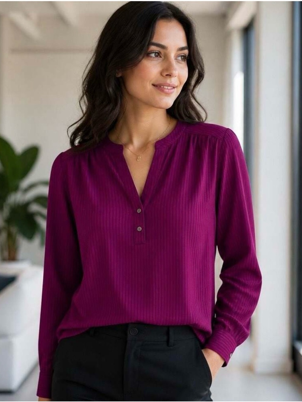 NEW J. Crew Shadow Striped Popover Blouse Top Women L Magenta Dressy Office Work